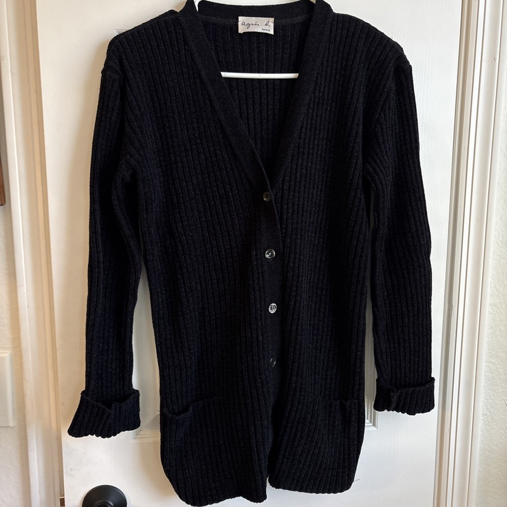 Vintage Agnès b. Women's Long Cardigan Sweater, Sz‎ 3 Black Cotton, Pockets